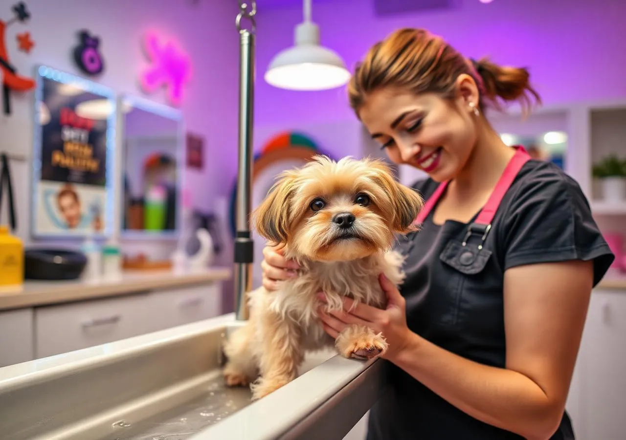 Profissional dando banho e tosa em um cachorro de pequeno porte